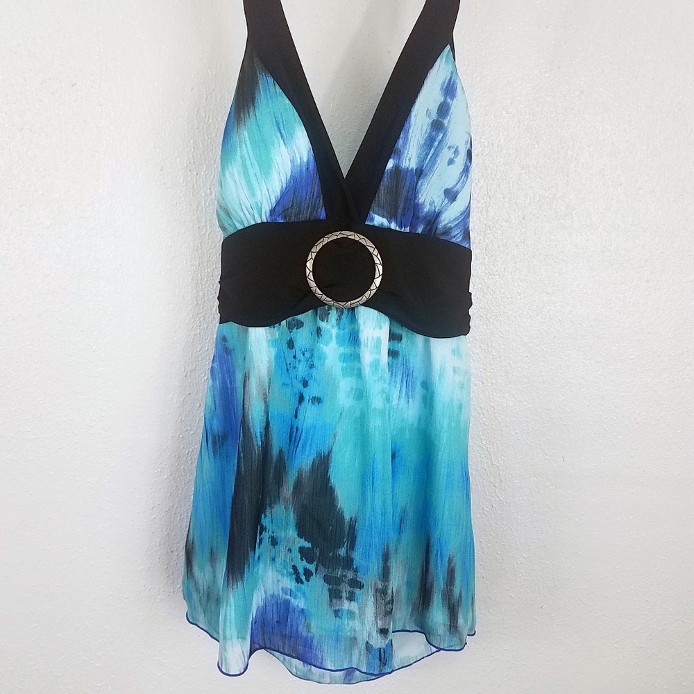 B Wear Women's Turquoise Tie Neck Tie Back Tank Top - Picture 2 of 8